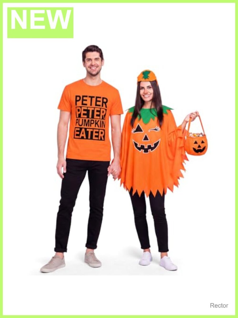 4 Pc Couples Halloween Pumpkin Costume Set Poncho T-Shirt Adult